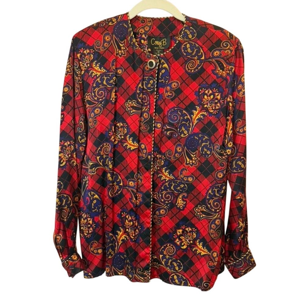 Vintage Corey B. New York 100% Silk Statement Shirt Gold Trim Women's sz. 8
